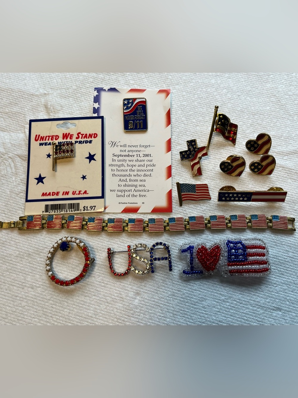 Patriotic American Flag Jewelry & Pins - Red, White, Blue